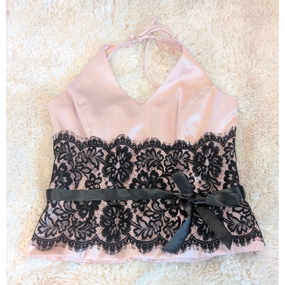 Y2K Coquette Satin Lace Halter Corset Top Pink Black Xscape Joanna Chen 10